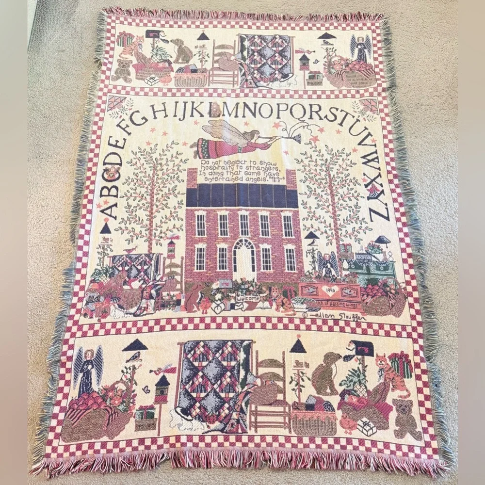 VTG Goodwin Angel ABCs Tapestry Throw Blanket Fringe 1996 Ellen Stouffer 68”x46”